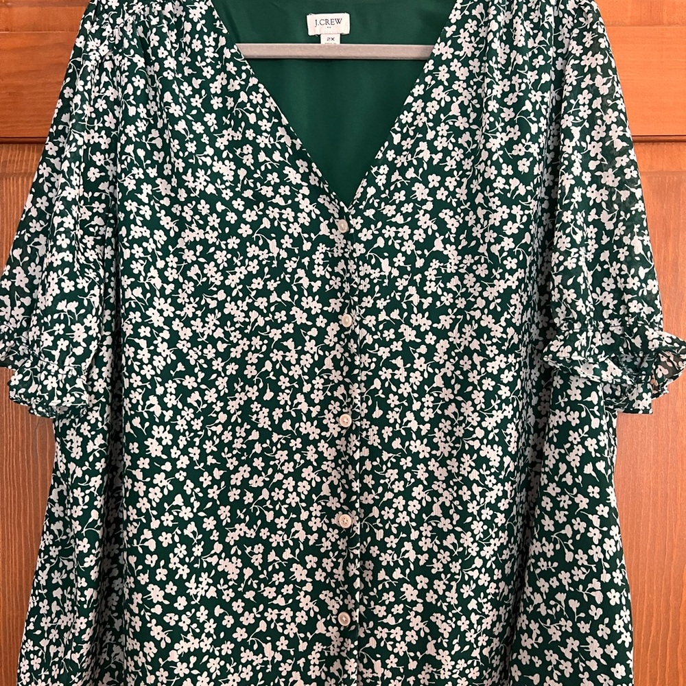 J. Crew White Floral Blouse in Green